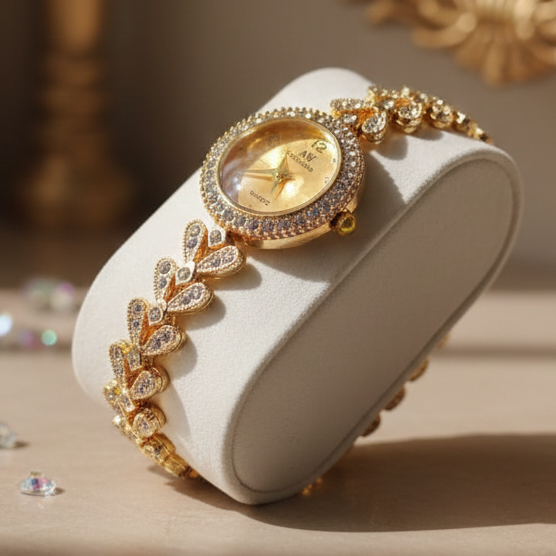 Gold wristwatch with decorative band on a white cushion