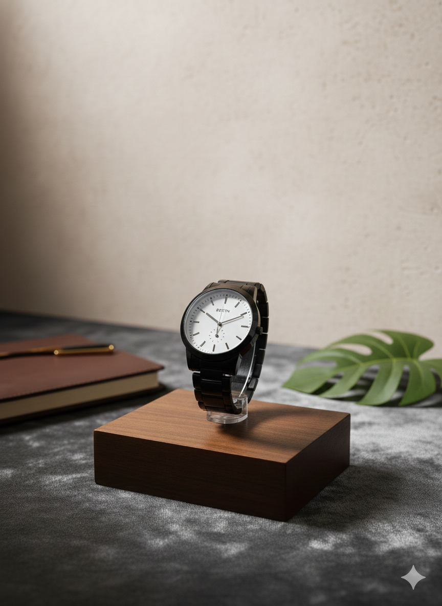 Wristwatch on a wooden stand with a neutral background