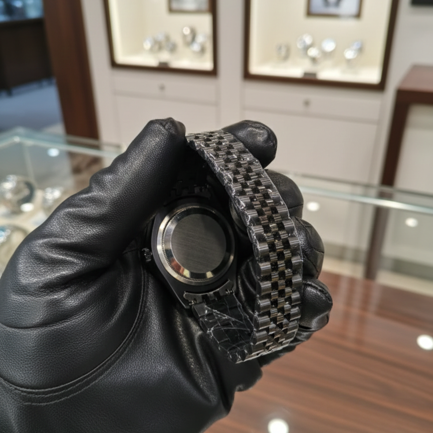 Black-gloved hand holding a watch with a carbon fiber strap in an indoor setting