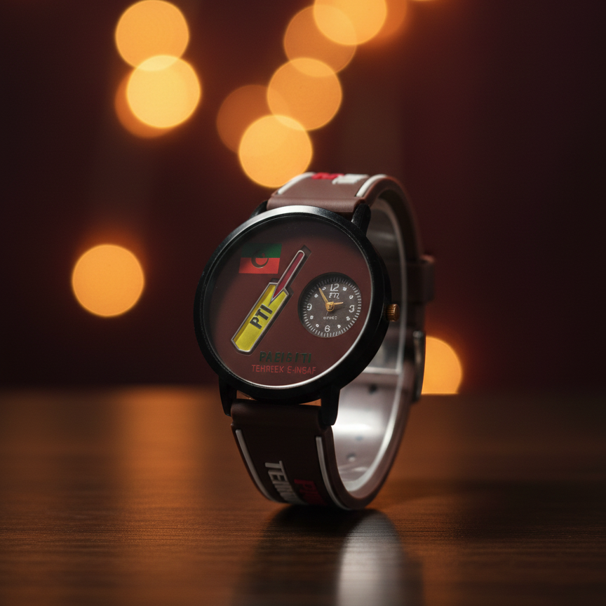 Wristwatch with a unique face design on a wooden surface with blurred lights in the background