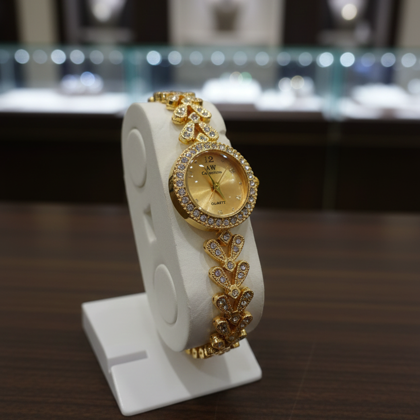 Gold wristwatch with decorative band on a white stand in a blurred jewelry store setting