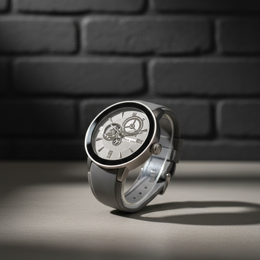 Silver watch with a detailed face on a textured surface with a dark brick wall background