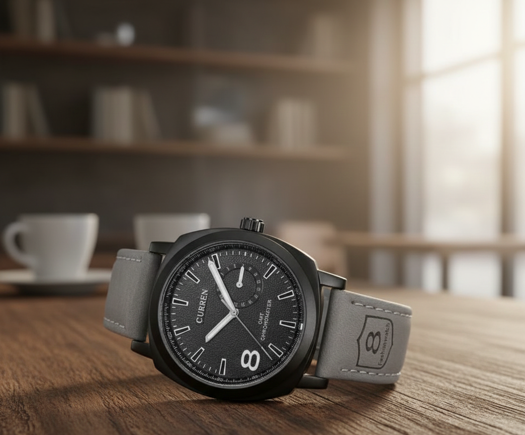 Black watch with gray strap on a wooden table with a blurred background