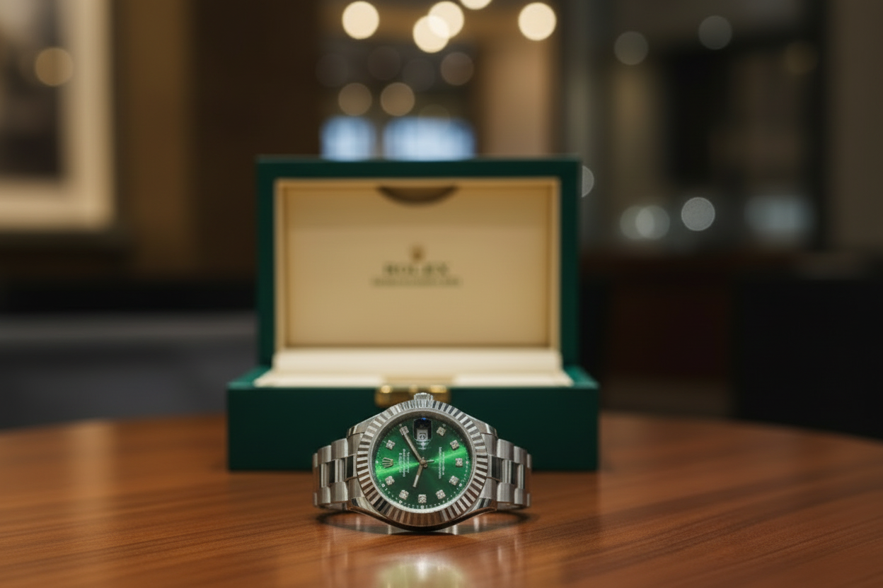 Two watches on a wooden table with a blurred background