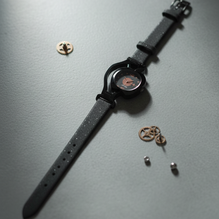 Black wristwatch with gears on a gray surface