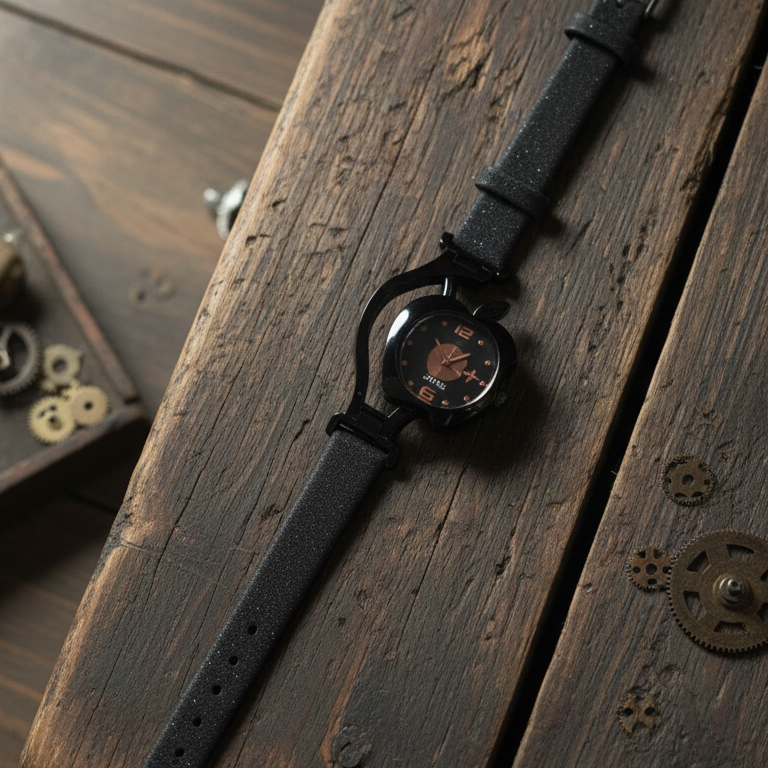 Black wristwatch on a wooden surface with mechanical components
