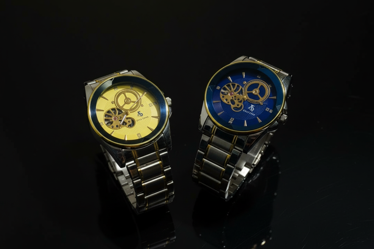Two watches with yellow and blue faces on a wooden surface