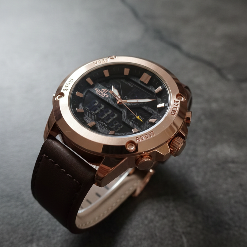 Rose gold watch with black leather strap on a dark textured background