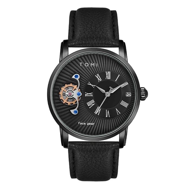 Black wristwatch with visible mechanical components on a white background