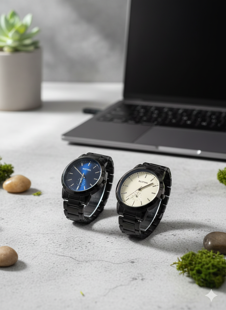 Two black watches on a desk with a laptop and plants in the background