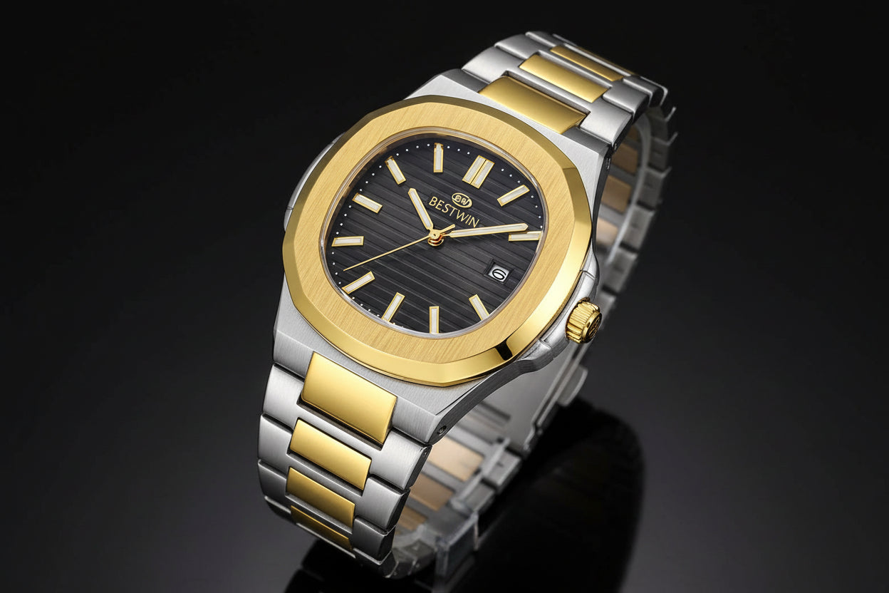 Two-tone silver and gold watch with black dial on a white background