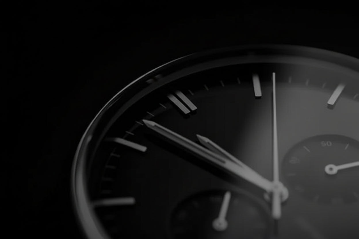 Close-up of a watch face with metallic rim on a dark background
