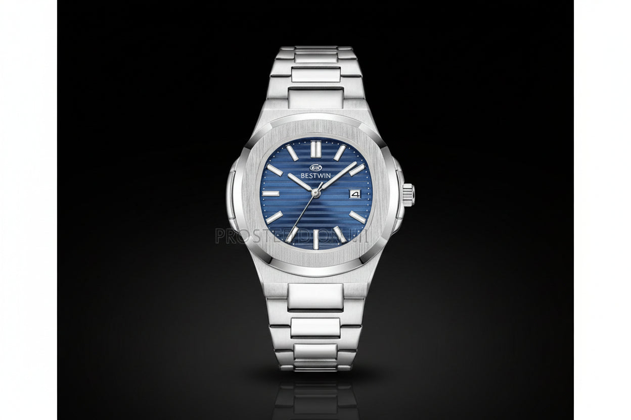 Silver watch with blue face on a white background